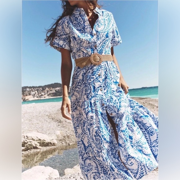 Zara Dresses & Skirts - Zara Eyelet Blue White Paisley Summer Midi Dress Size XS Boho Vacation Dress